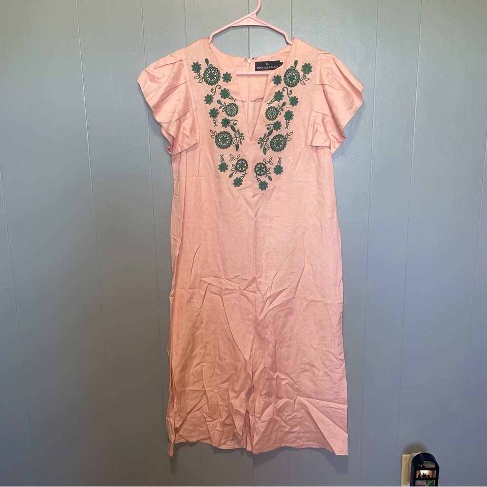 Tuckernuck Pomander Place Emma Pink Linen with Green Embroidery Midi Dress Small - Picture 3 of 8